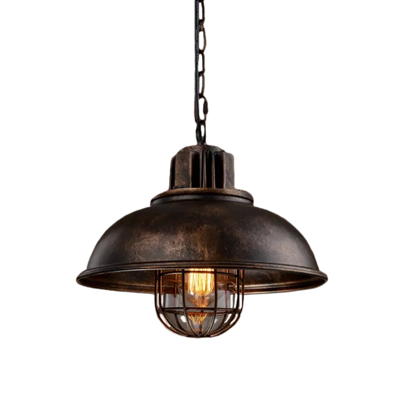 Bowl Bistro Hanging Light Kit - Rustic Iron Pendant Lamp With Cage And Inner Glass Shade