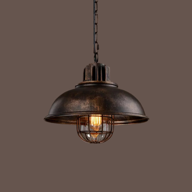 Country Iron 1-Light Pendant Lamp with Cage and Inner Glass Shade - Bowl Bistro Hanging Light Kit (Rust/White)