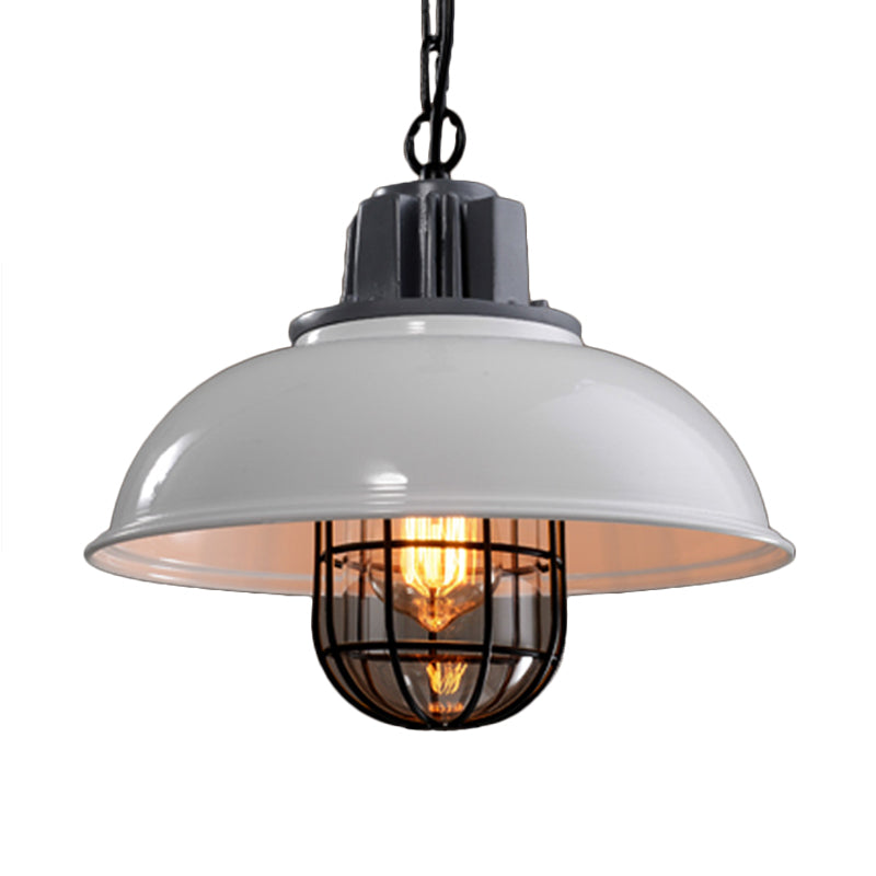 Bowl Bistro Hanging Light Kit - Rustic Iron Pendant Lamp With Cage And Inner Glass Shade White