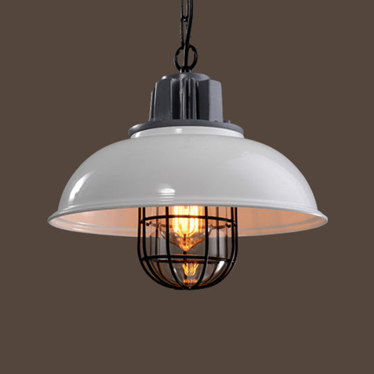 Country Iron 1-Light Pendant Lamp with Cage and Inner Glass Shade - Bowl Bistro Hanging Light Kit (Rust/White)