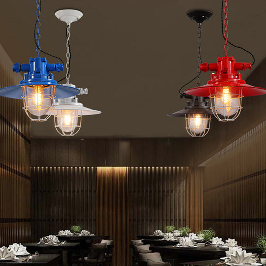 Modern Pendulum Pendant Light Kit - Metal Red/White/Blue Finish With Clear Glass Shade And Cage Red