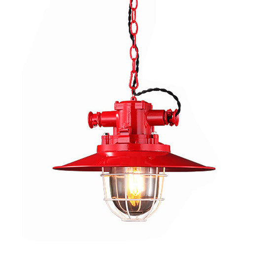 Loft Pendant Light with Metal Pendulum Saucer, Clear Glass Shade, and Cage - Red/White/Blue