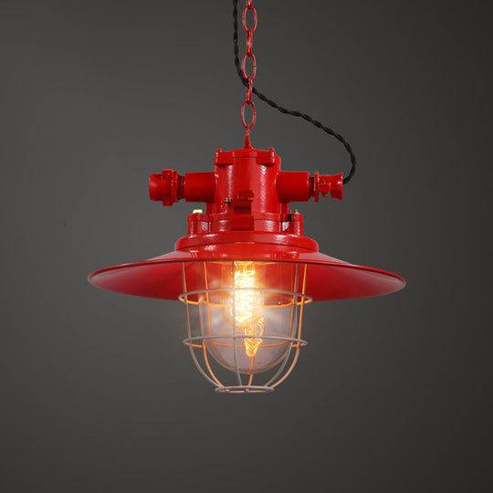 Loft Pendant Light with Metal Pendulum Saucer, Clear Glass Shade, and Cage - Red/White/Blue