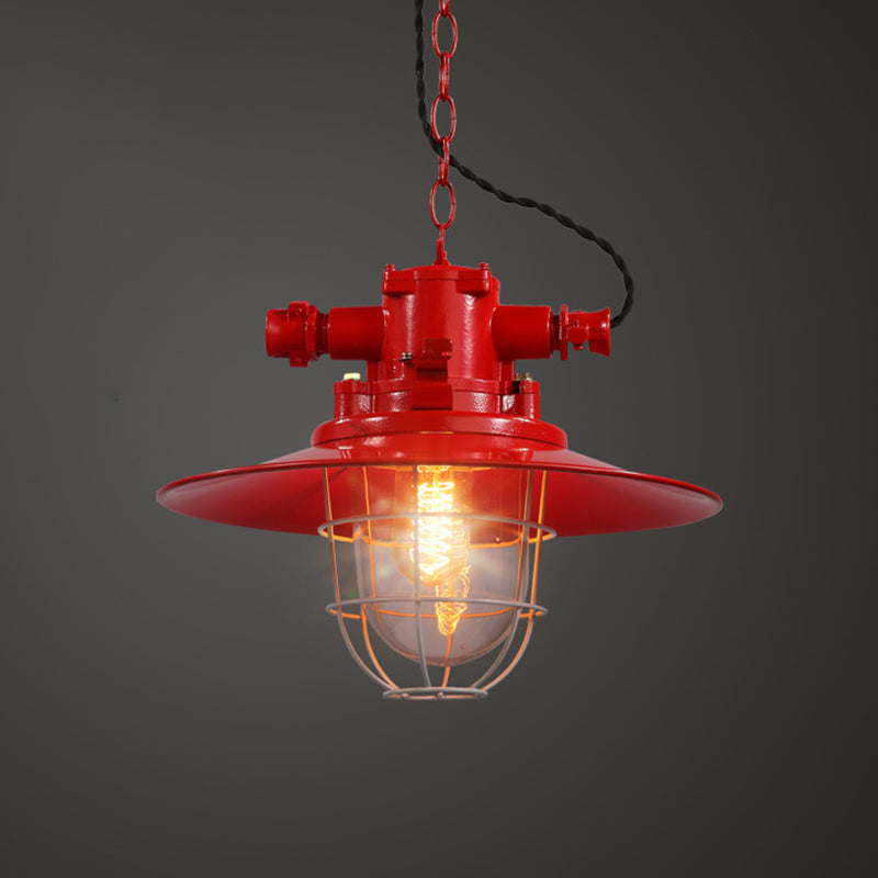 Modern Pendulum Pendant Light Kit - Metal Red/White/Blue Finish With Clear Glass Shade And Cage