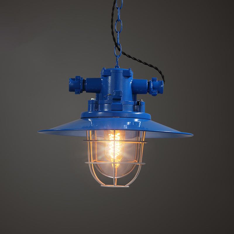 Loft Pendant Light with Metal Pendulum Saucer, Clear Glass Shade, and Cage - Red/White/Blue