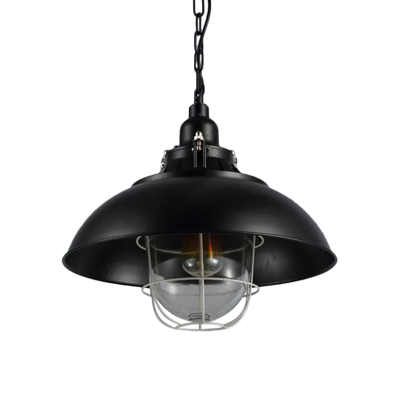 Rustic 1-Light Bistro Hanging Lamp - 12"/16" Metal Pendant Lighting with Wire Cage and Clear Glass Shade (Black)