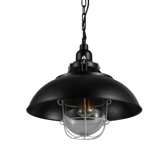 Rustic 1-Light Bistro Hanging Lamp - 12"/16" Metal Pendant Lighting with Wire Cage and Clear Glass Shade (Black)