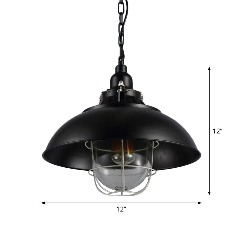 Rustic 1-Light Bistro Hanging Lamp - 12"/16" Metal Pendant Lighting with Wire Cage and Clear Glass Shade (Black)