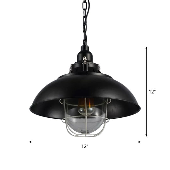 Rustic 1-Light Bistro Hanging Lamp - 12"/16" Metal Pendant Lighting with Wire Cage and Clear Glass Shade (Black)