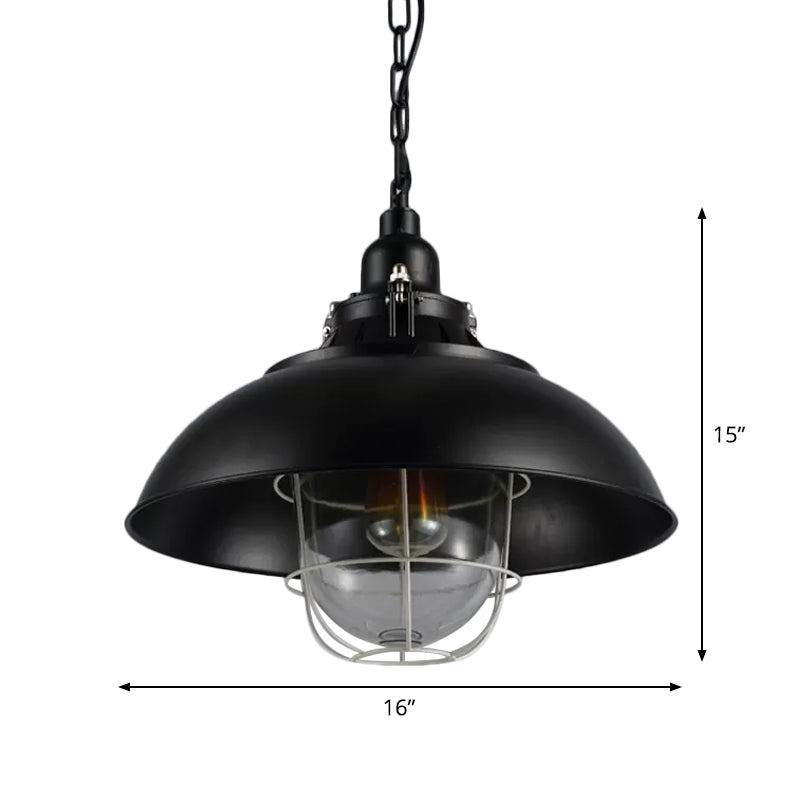 Rustic 1-Light Bistro Hanging Lamp - 12"/16" Metal Pendant Lighting with Wire Cage and Clear Glass Shade (Black)