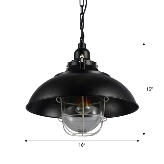 Rustic 1-Light Bistro Hanging Lamp - 12"/16" Metal Pendant Lighting with Wire Cage and Clear Glass Shade (Black)