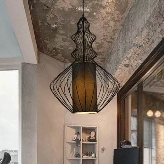 Gourd Shaped Iron Pendant Light - Retro Dining Room Ceiling Hanging Lantern With Black Fabric Shade