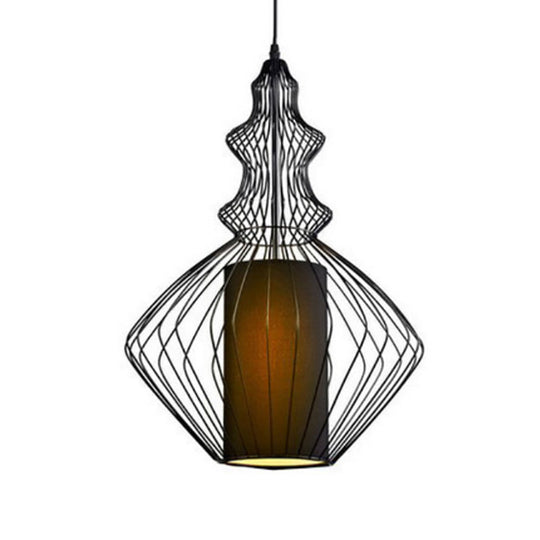 Gourd Shaped Iron Pendant Light - Retro Dining Room Ceiling Hanging Lantern With Black Fabric Shade