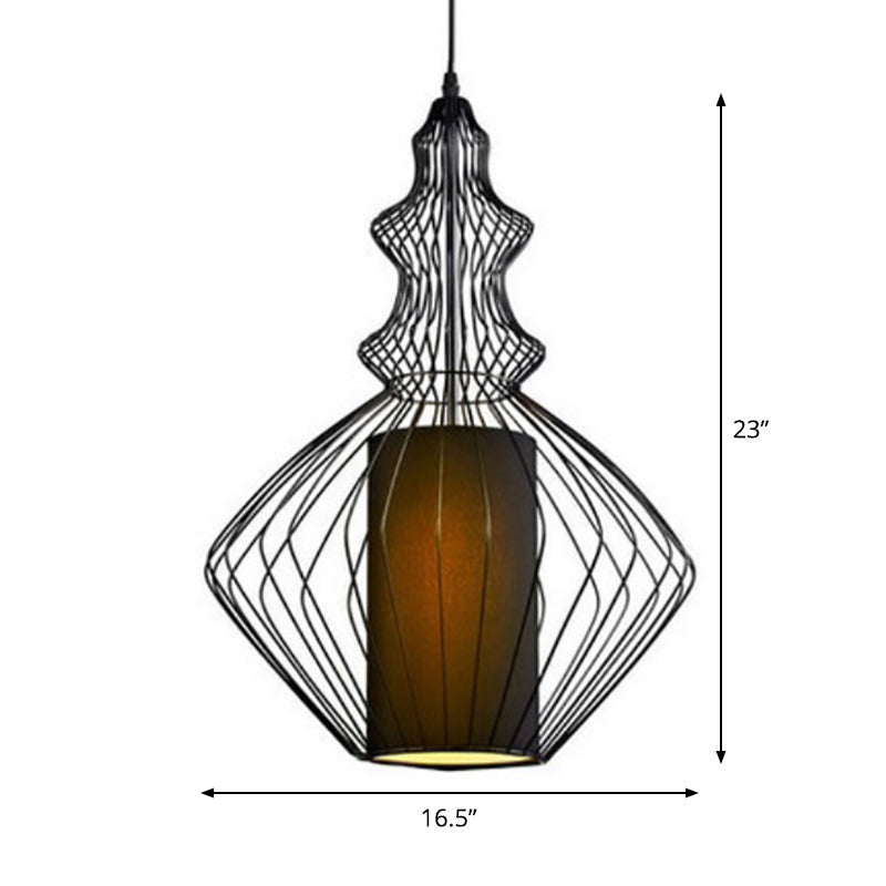 Gourd Shaped Iron Pendant Light - Retro Dining Room Ceiling Hanging Lantern With Black Fabric Shade