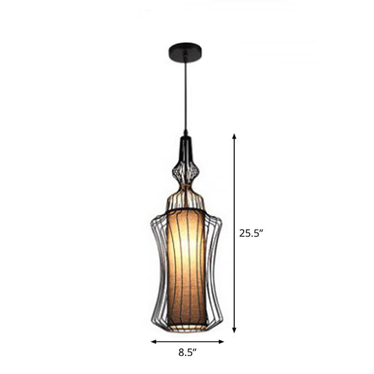 Gourd Shaped Iron Pendant Light - Retro Dining Room Ceiling Hanging Lantern With Black Fabric Shade