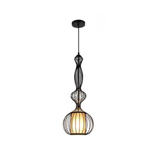 Gourd Shaped Iron Pendant Light - Retro Dining Room Ceiling Hanging Lantern With Black Fabric Shade