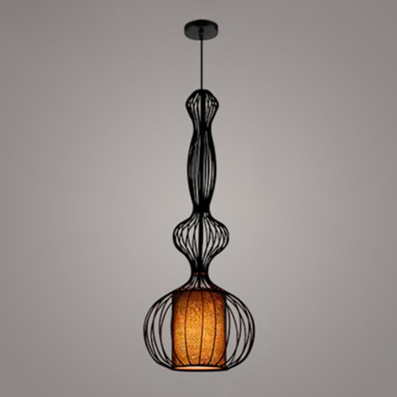 Retro Gourd Shaped Iron Pendant Light with Fabric Shade - Black, 1 Bulb - Stylish Ceiling Hanging Lantern for Dining Room