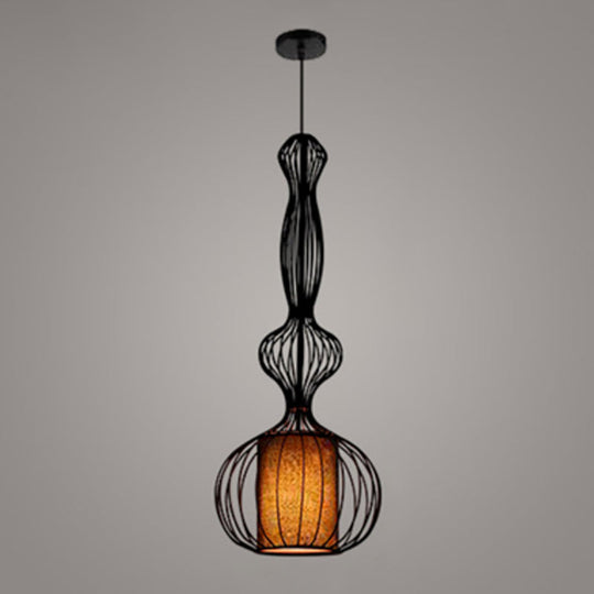 Gourd Shaped Iron Pendant Light - Retro Dining Room Ceiling Hanging Lantern With Black Fabric Shade