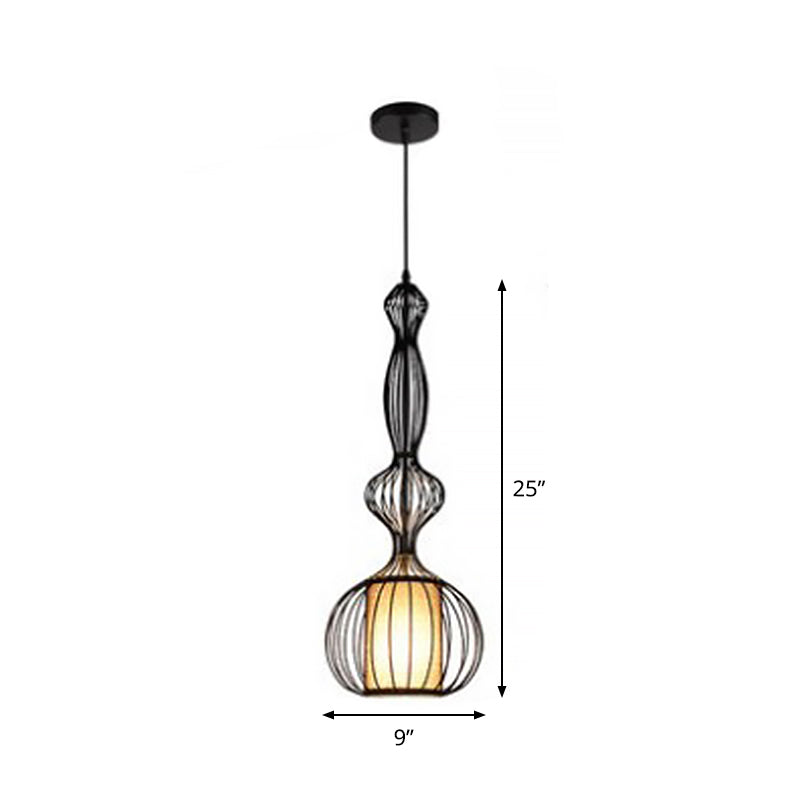 Gourd Shaped Iron Pendant Light - Retro Dining Room Ceiling Hanging Lantern With Black Fabric Shade