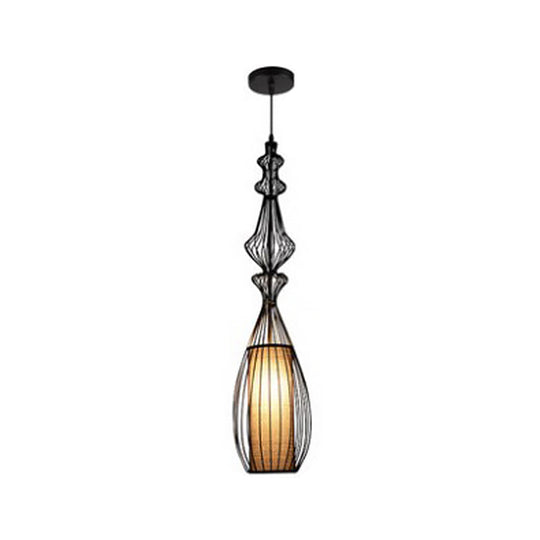 Gourd Shaped Iron Pendant Light - Retro Dining Room Ceiling Hanging Lantern With Black Fabric Shade