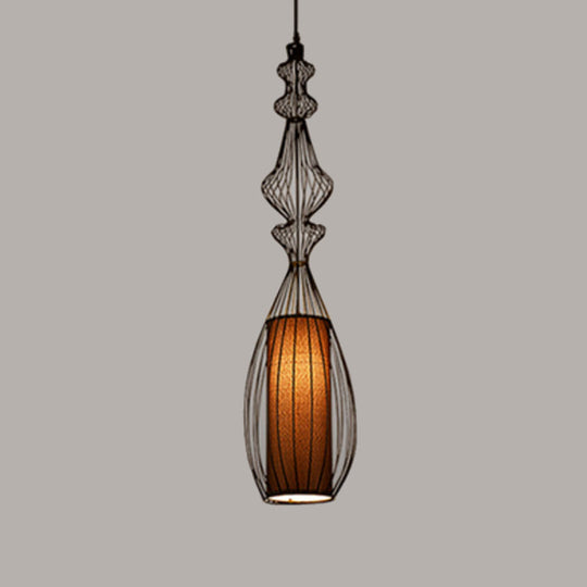 Gourd Shaped Iron Pendant Light - Retro Dining Room Ceiling Hanging Lantern With Black Fabric Shade