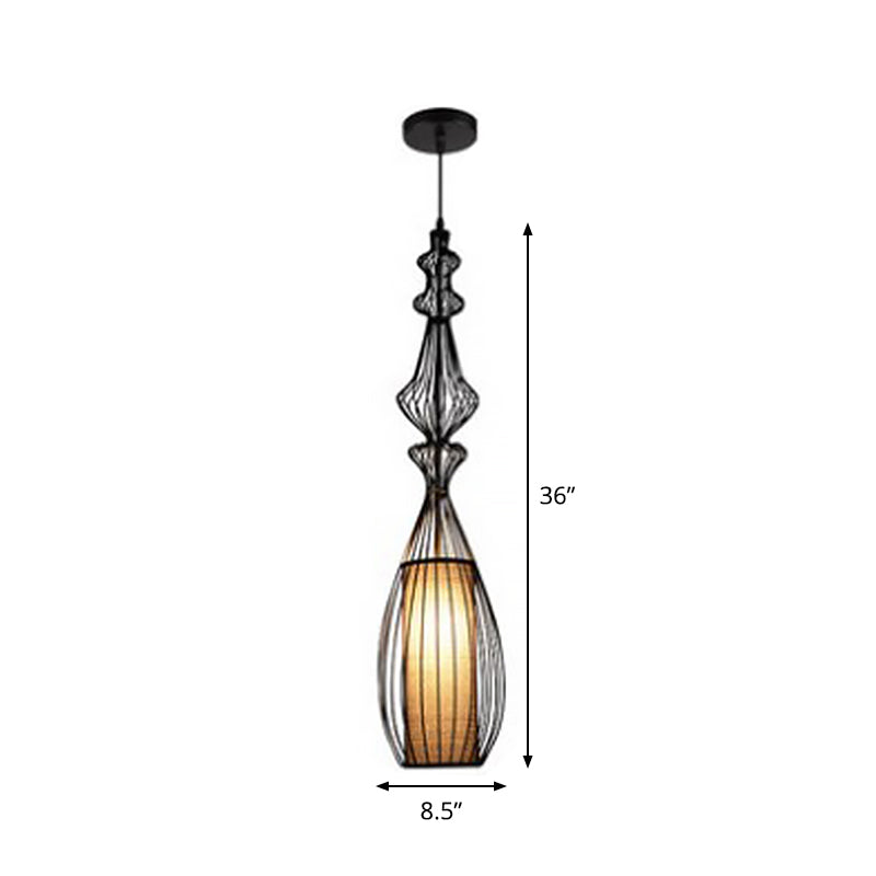 Gourd Shaped Iron Pendant Light - Retro Dining Room Ceiling Hanging Lantern With Black Fabric Shade