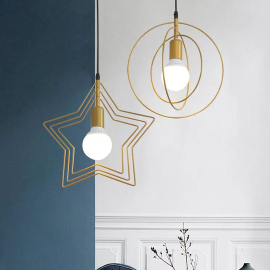 Industrial Metal Gold Pendant Light With Triple Star/Round Frame - Hanging Ceiling Fixture