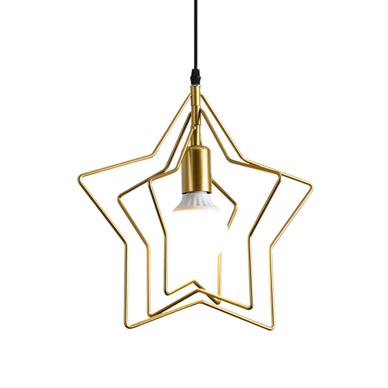 Industrial Metal Gold Pendant Light With Triple Star/Round Frame - Hanging Ceiling Fixture