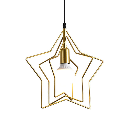 Industrial Metal Gold Pendant Light With Triple Star/Round Frame - Hanging Ceiling Fixture