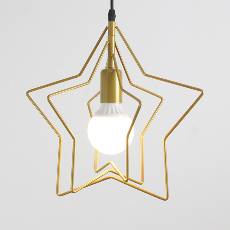 Industrial Metal Gold Pendant Light With Triple Star/Round Frame - Hanging Ceiling Fixture