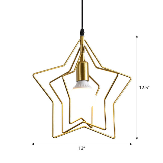 Industrial Metal Gold Pendant Light With Triple Star/Round Frame - Hanging Ceiling Fixture