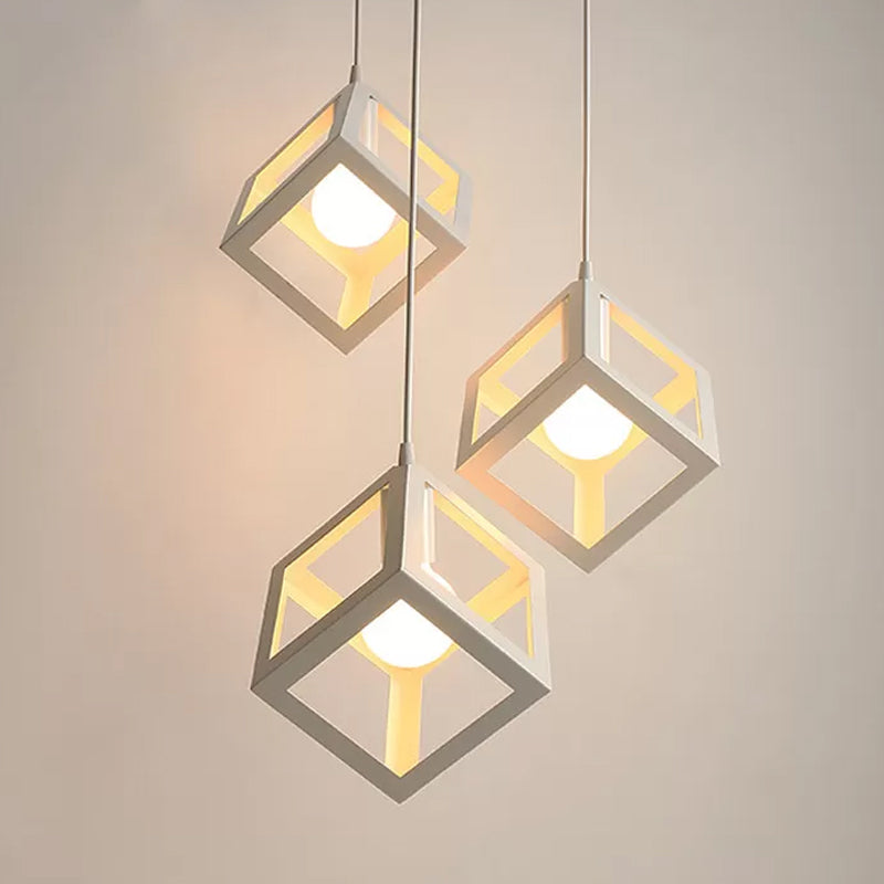 Nordic Cube Frame Metal Ceiling Pendant Light In White - 1-Head Down Lighting