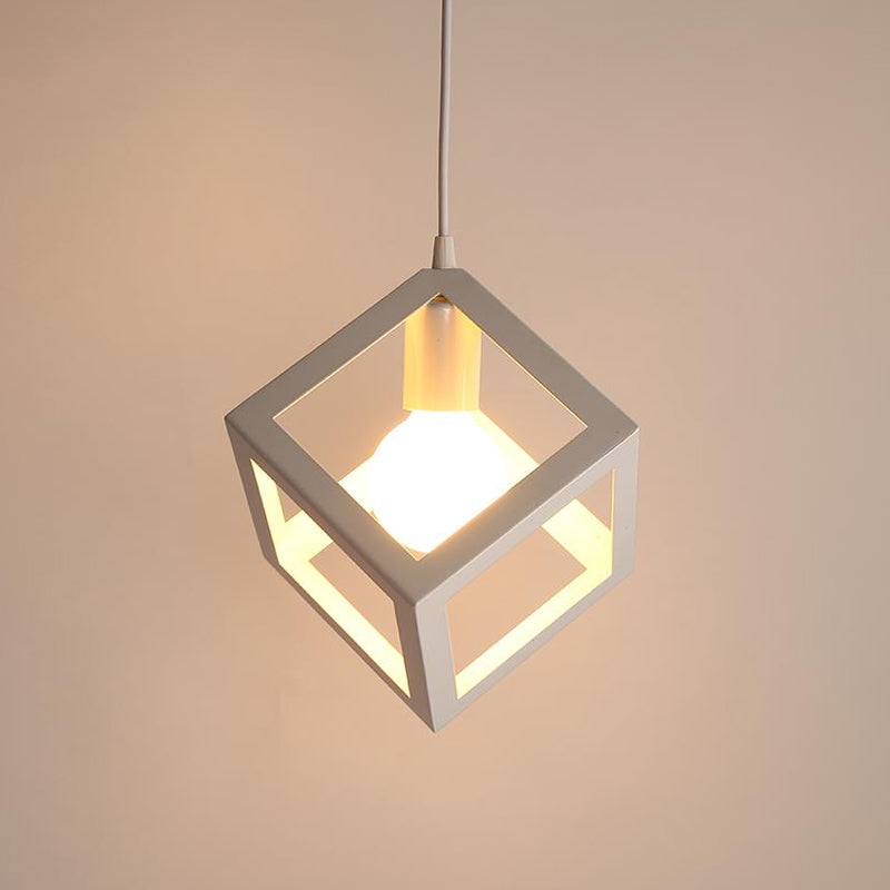 Nordic Cube Frame Metal Ceiling Pendant Light In White - 1-Head Down Lighting