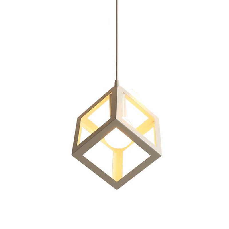 Nordic Cube Frame Metal Ceiling Pendant Light In White - 1-Head Down Lighting