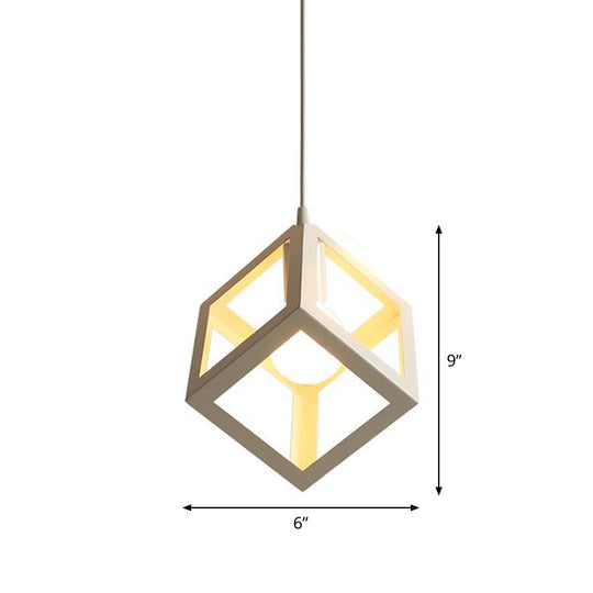 Nordic Cube Frame Metal Ceiling Pendant Light In White - 1-Head Down Lighting