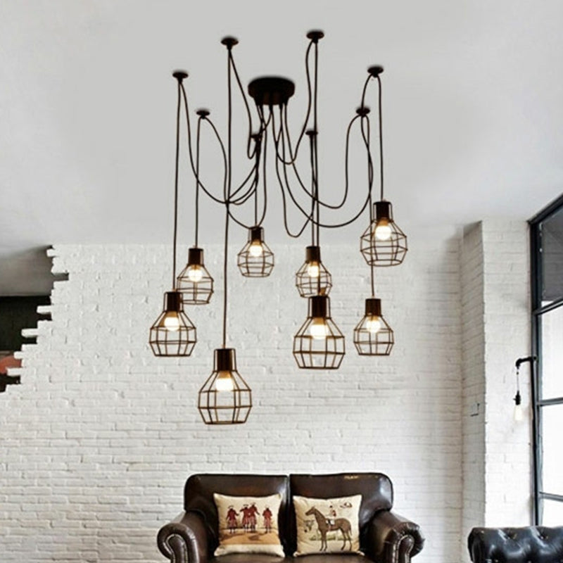 8-Head Industrial Ball Cage Swag Pendant Light In Black For Living Room Decor