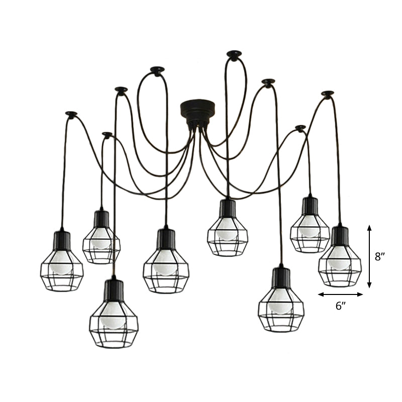 8-Head Black Iron Industrial Pendant Light with Ball Cage Swag Design for Living Room