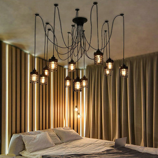 Farmhouse Bedroom Pendant Lamp - 12 Head Swag Multi-Light Ceiling Light With Black Iron Cage