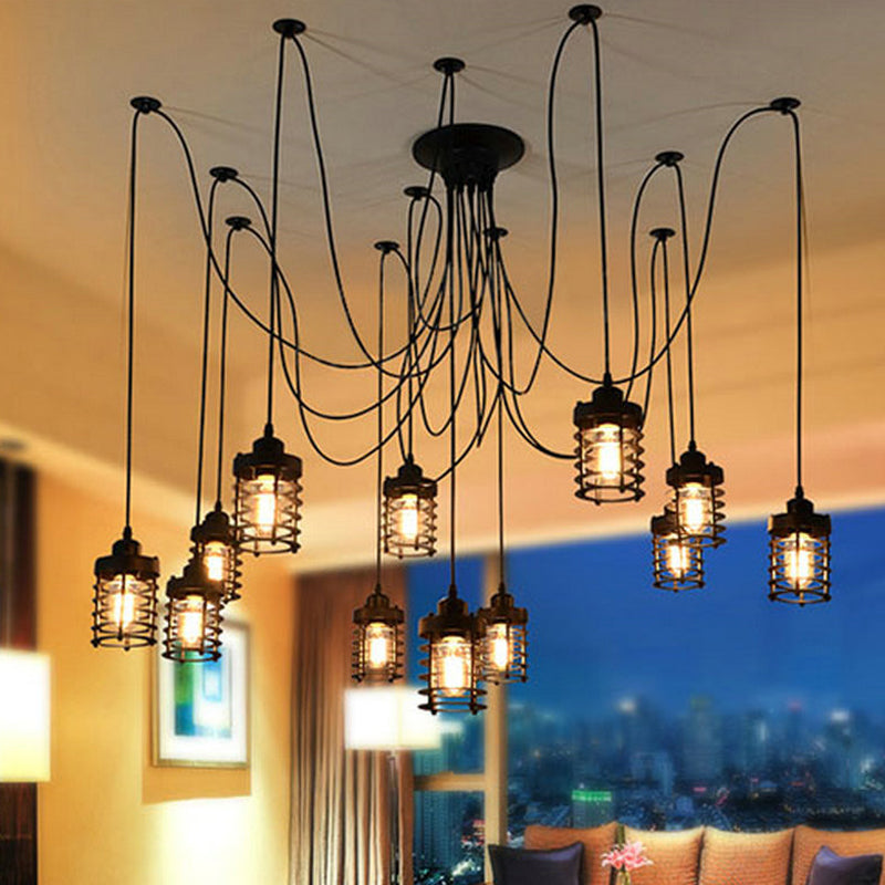 12-Head Swag Pendant Lamp for Farmhouse Bedroom - Multi Light Ceiling Fixture with Black Iron Cage