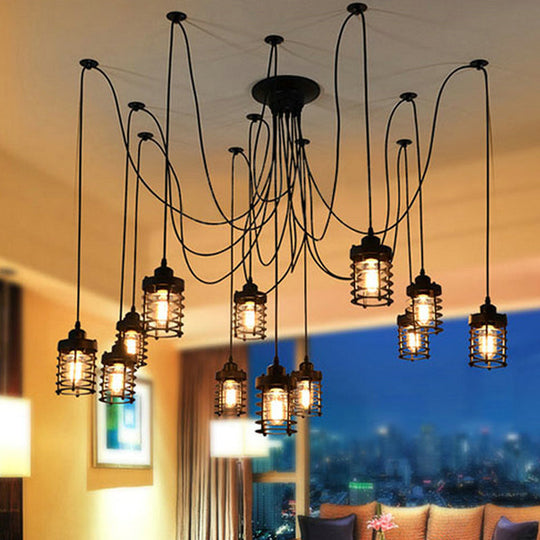 Farmhouse Bedroom Pendant Lamp - 12 Head Swag Multi-Light Ceiling Light With Black Iron Cage