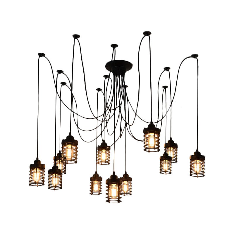 Farmhouse Bedroom Pendant Lamp - 12 Head Swag Multi-Light Ceiling Light With Black Iron Cage