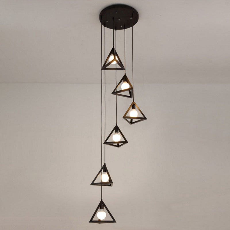 Vintage Triangle Metal Pendant Light - 6-Bulb Cluster Hanging Ceiling Light in Black