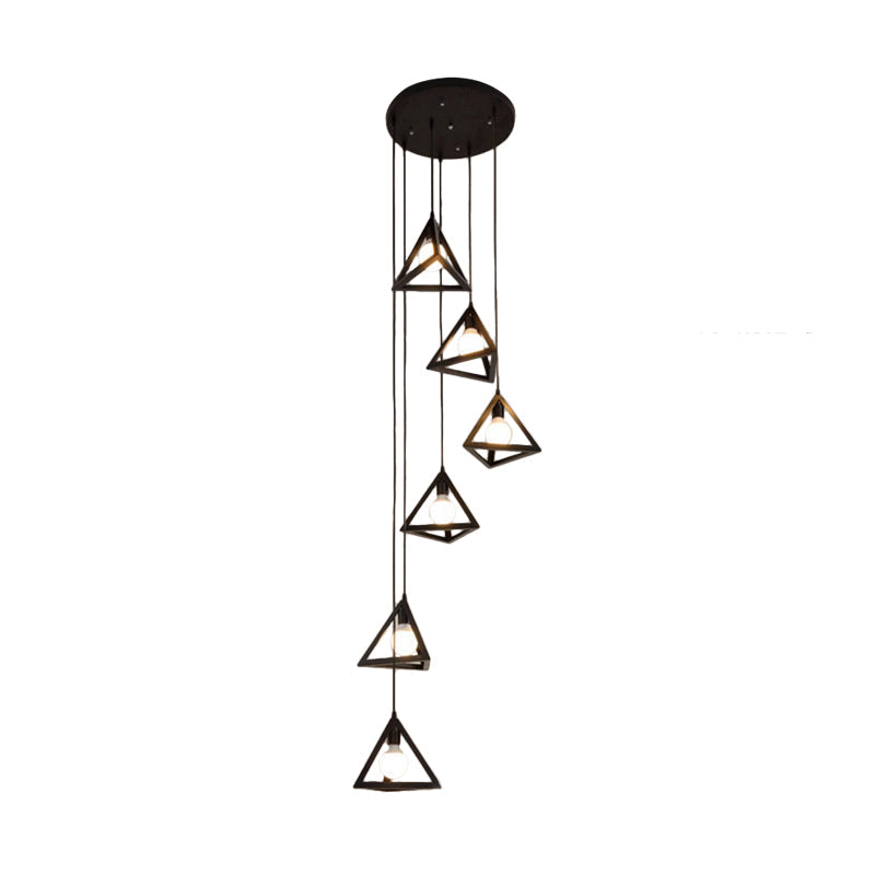 Vintage Triangle Metal Pendant Light - 6-Bulb Cluster Hanging Ceiling Light in Black