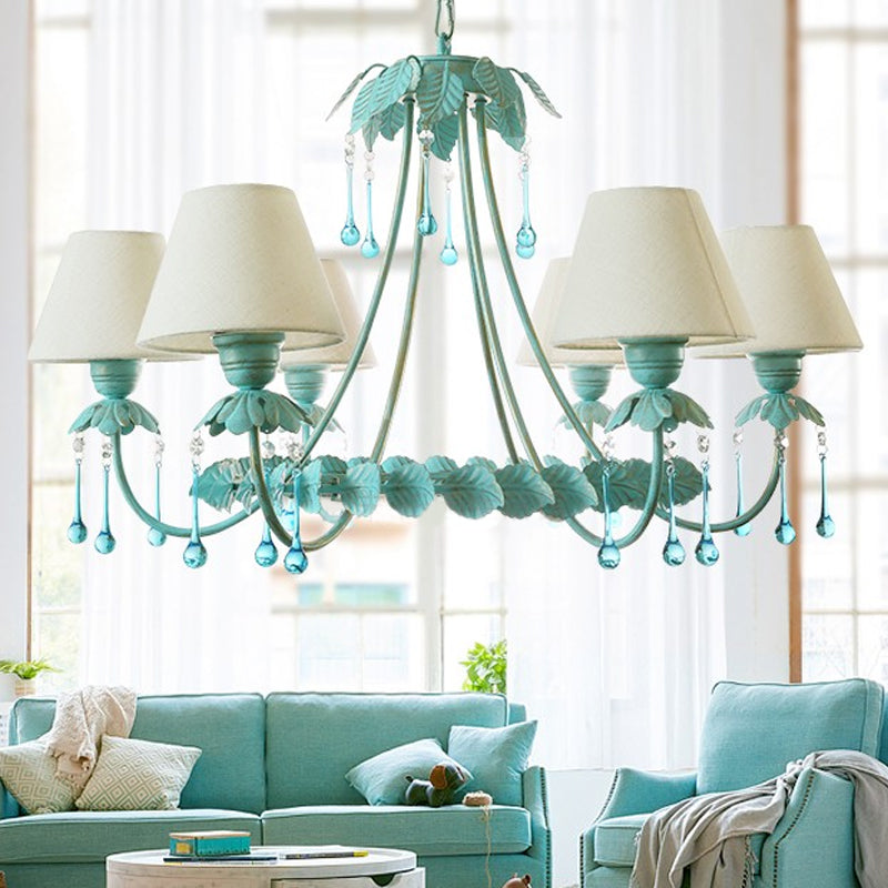 Mint Green & White Cone Fabric Shade Chandelier With Crystal Accents - 3/6 Light For Pastoral