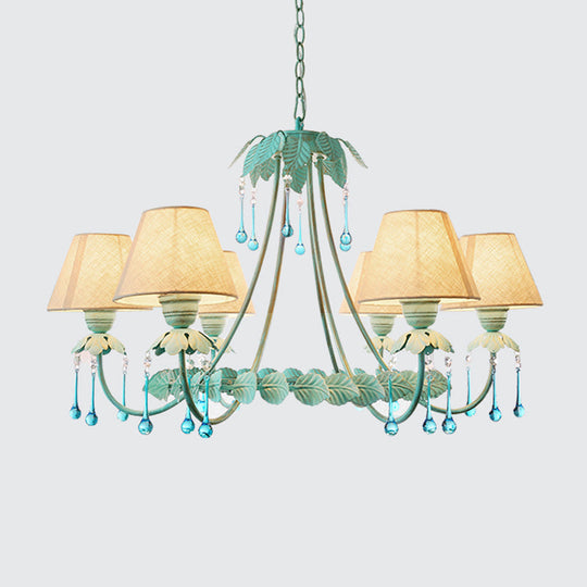 Mint Green & White Cone Fabric Shade Chandelier With Crystal Accents - 3/6 Light For Pastoral