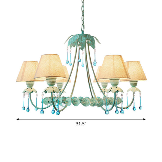 Mint Green & White Cone Fabric Shade Chandelier With Crystal Accents - 3/6 Light For Pastoral