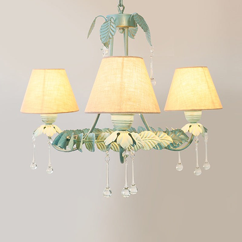 Mint Green & White Cone Fabric Shade Chandelier With Crystal Accents - 3/6 Light For Pastoral