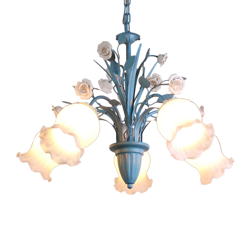 Korean Flower 5/6/8-Light Blue Glass Orchid/Magnolia Chandelier Pendant Lamp For Living Room Ceiling