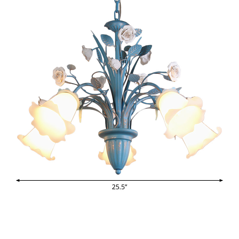 Korean Flower 5/6/8-Light Blue Glass Orchid/Magnolia Chandelier Pendant Lamp For Living Room Ceiling