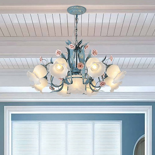 Pastoral Style Floral Frosted Glass Pendant Chandelier - 4/6/9 Heads Blue